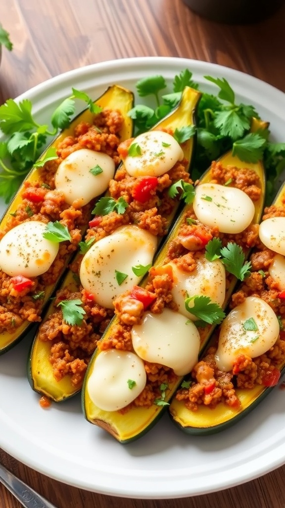 Stuffed zucchini boats with ground beef and melted cheese on a rustic plate.